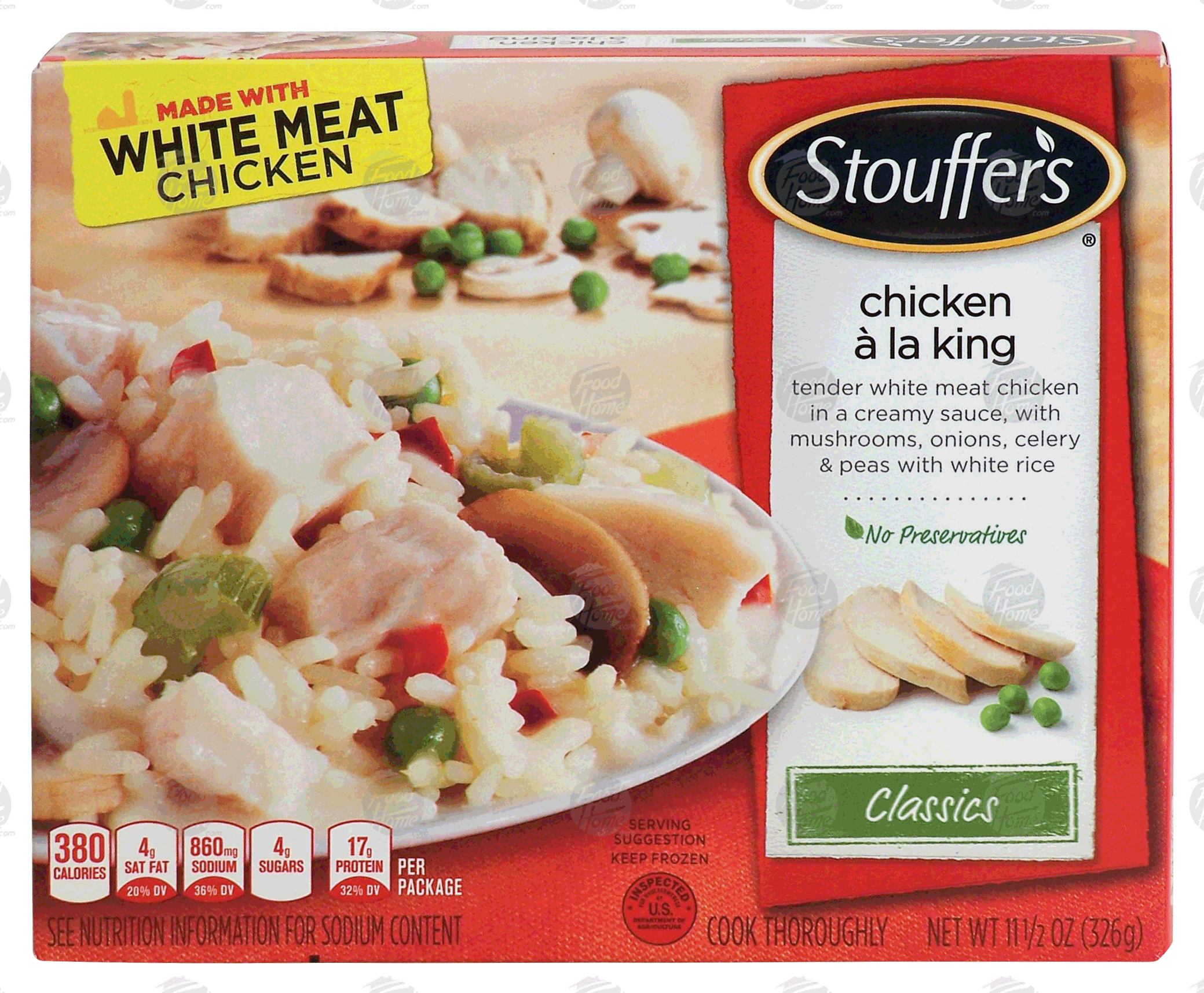 Stouffer's Classics chicken a la king; chicken in a creamy sauce w/ mushrooms, onions, celery & peas w/ white rice Full-Size Picture